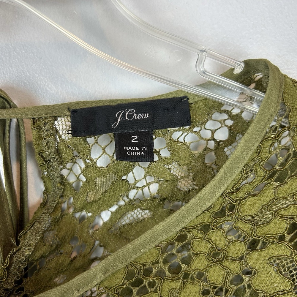 J Crew Lace Top Womens 2 Petite Long Sleeve Shirt Olive Green Sheer Sleeve - Picture 3 of 12